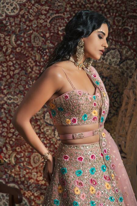 Shop_Rachit Khanna_Pink Raw Silk Sweetheart Neck Floral Embroidered Bridal Lehenga Set_at_Aza_Fashions