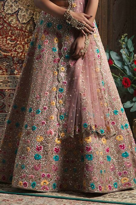 Rachit Khanna_Pink Raw Silk Sweetheart Neck Floral Embroidered Bridal Lehenga Set_Online_at_Aza_Fashions
