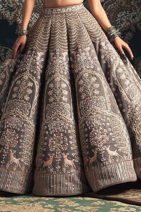 Rachit Khanna_Grey Raw Silk Sweetheart Neck Embroidered Bridal Lehenga Set _Online_at_Aza_Fashions