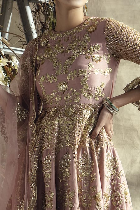 Shop Rachit Khanna Pink Silk, Organza Floral Motifs Round Short Embroidered Anarkali Set at Aza Fashions Shop_Rachit Khanna_Pink Silk, Organza Floral Motifs Round Short Embroidered Anarkali Set _at_Aza_Fashions