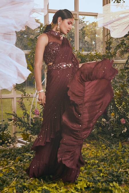 Shop_Rachit Khanna_Maroon Net, Cotton Satin Lycra, Self Chiffon Aari Ruffle Pre-draped Saree Set _at_Aza_Fashions