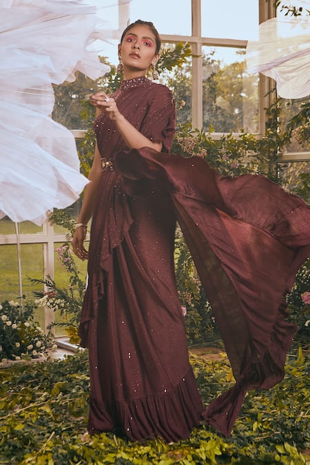 Rachit Khanna_Maroon Net, Cotton Satin Lycra, Self Chiffon Aari Ruffle Pre-draped Saree Set _Online_at_Aza_Fashions