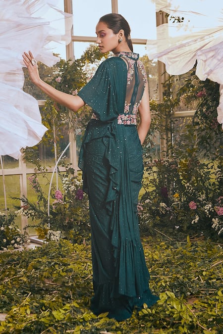 Shop Rachit Khanna Green Georgette And Chiffon Floral Motifs Halter Pre-draped Saree With Blouse at Aza Fashions Shop_Rachit Khanna_Green Georgette And Chiffon Floral Motifs Halter Pre-draped Saree With Blouse _at_Aza_Fashions