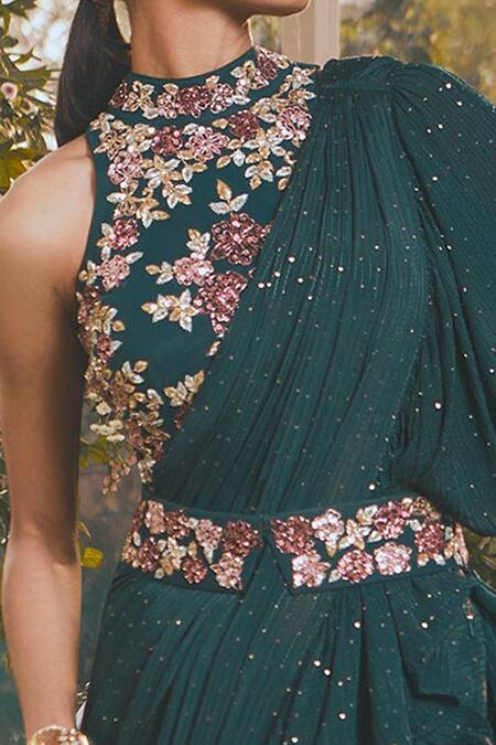 Buy Rachit Khanna Green Georgette And Chiffon Floral Motifs Halter Pre-draped Saree With Blouse Online at Aza Fashions Buy_Rachit Khanna_Green Georgette And Chiffon Floral Motifs Halter Pre-draped Saree With Blouse _Online_at_Aza_Fashions