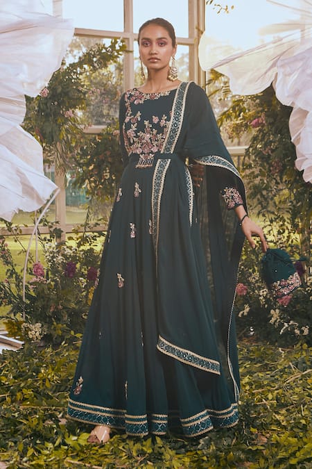 Shop Rachit Khanna Blue Georgette Floral Motifs Boat Embroidered Anarkali Set at Aza Fashions Shop_Rachit Khanna_Blue Georgette Floral Motifs Boat Embroidered Anarkali Set _at_Aza_Fashions