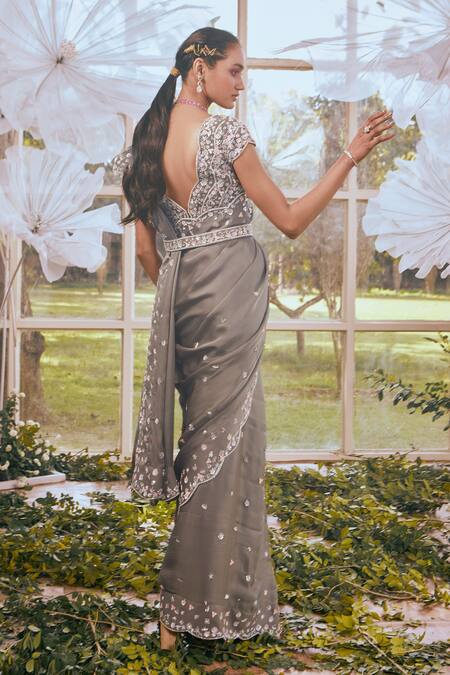 Shop_Rachit Khanna_Grey Cotton Satin Lycra Embroidred 3d Floral V-neck Saree With Blouse  _at_Aza_Fashions