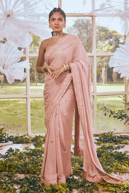 Rachit Khanna Pink Organza, Net, Georgette, Lycra Floral Embroidered Saree With Blouse Online at Aza Fashions Rachit Khanna_Pink Organza, Net, Georgette, Lycra Floral Embroidered Saree With Blouse _Online_at_Aza_Fashions