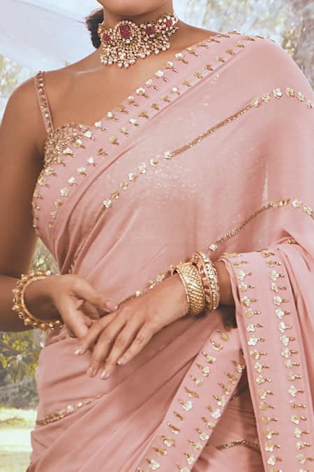 Buy Rachit Khanna Pink Organza, Net, Georgette, Lycra Floral Embroidered Saree With Blouse Online at Aza Fashions Buy_Rachit Khanna_Pink Organza, Net, Georgette, Lycra Floral Embroidered Saree With Blouse _Online_at_Aza_Fashions