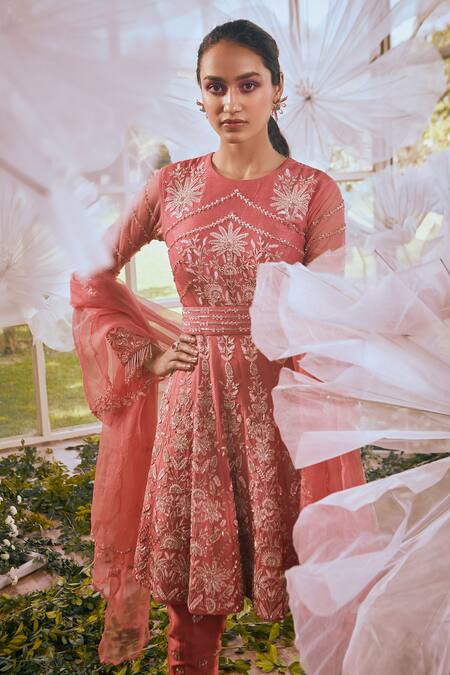 Rachit Khanna_Red Semi Dupion Floral, Bead And Nalki Round Embroidered Anarkali Set_Online_at_Aza_Fashions