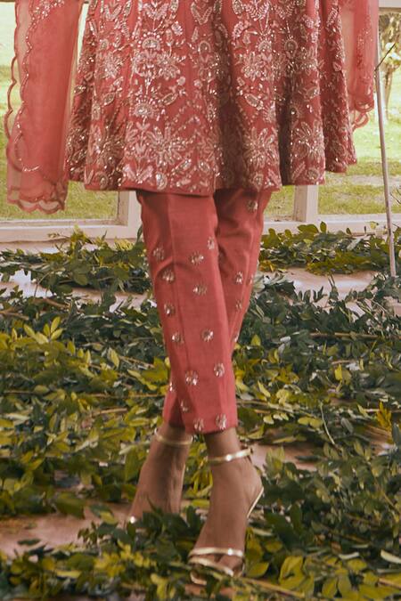 Buy_Rachit Khanna_Red Semi Dupion Floral, Bead And Nalki Round Embroidered Anarkali Set_Online_at_Aza_Fashions