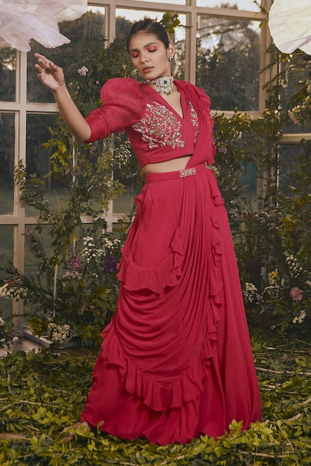 Shop Rachit Khanna Pink Organza, Net, Georgette Floral V Neck Flared Pant Ruffle Saree Set at Aza Fashions Shop_Rachit Khanna_Pink Organza, Net, Georgette Floral V Neck Flared Pant Ruffle Saree Set _at_Aza_Fashions