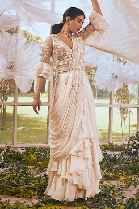 Shop Rachit Khanna White Net, Satin Georgette Floral V Neck Bell Sleeve Saree Gown at Aza Fashions Shop_Rachit Khanna_White Net, Satin Georgette Floral V Neck Bell Sleeve Saree Gown_at_Aza_Fashions