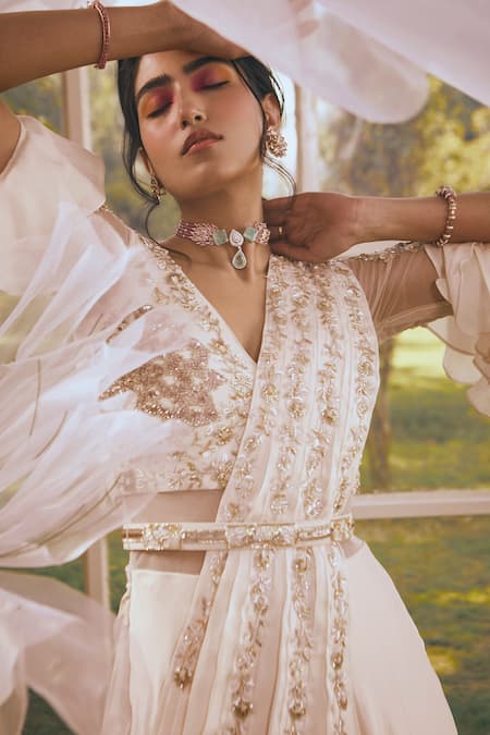 Rachit Khanna White Net, Satin Georgette Floral V Neck Bell Sleeve Saree Gown Online at Aza Fashions Rachit Khanna_White Net, Satin Georgette Floral V Neck Bell Sleeve Saree Gown_Online_at_Aza_Fashions