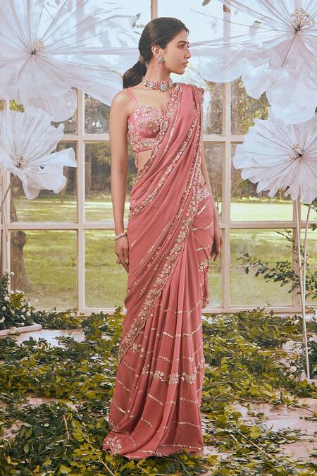 Shop Rachit Khanna Pink Net, Georgette, Cotton Satin Lycra Floral Sweetheart Embroidered Saree Set at Aza Fashions Shop_Rachit Khanna_Pink Net, Georgette, Cotton Satin Lycra Floral Sweetheart Embroidered Saree Set _at_Aza_Fashions