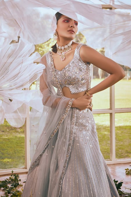 Shop Rachit Khanna Blue Organza, Net, Semi Dupion Cutdana, Floral Embroidered Bridal Lehenga Set at Aza Fashions Shop_Rachit Khanna_Blue Organza, Net, Semi Dupion Cutdana, Floral Embroidered Bridal Lehenga Set _at_Aza_Fashions