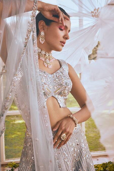 Rachit Khanna Blue Organza, Net, Semi Dupion Cutdana, Floral Embroidered Bridal Lehenga Set Online at Aza Fashions Rachit Khanna_Blue Organza, Net, Semi Dupion Cutdana, Floral Embroidered Bridal Lehenga Set _Online_at_Aza_Fashions