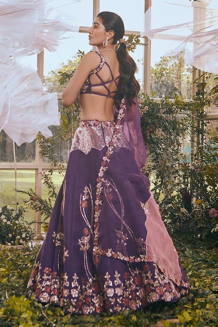Shop Rachit Khanna Purple Raw Silk, Organza Floral Sweetheart Neck Embroidered Bridal Lehenga Set at Aza Fashions Shop_Rachit Khanna_Purple Raw Silk, Organza Floral Sweetheart Neck Embroidered Bridal Lehenga Set _at_Aza_Fashions