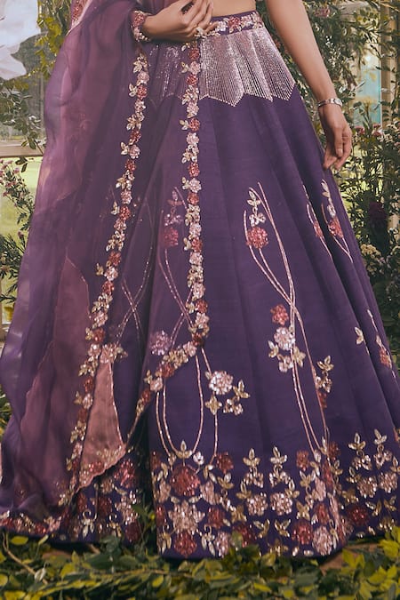 Shop Rachit Khanna Purple Raw Silk, Organza Floral Sweetheart Neck Embroidered Bridal Lehenga Set Online at Aza Fashions Shop_Rachit Khanna_Purple Raw Silk, Organza Floral Sweetheart Neck Embroidered Bridal Lehenga Set _Online_at_Aza_Fashions