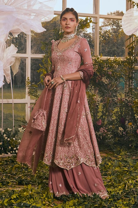 Shop Rachit Khanna Pink Organza, Tilla Gg Cutdana, Floral, Sequin, Embroidered Anarkali Sharara Set at Aza Fashions Shop_Rachit Khanna_Pink Organza, Tilla Gg Cutdana, Floral, Sequin, Embroidered Anarkali Sharara Set _at_Aza_Fashions