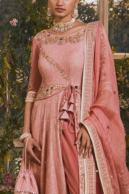 Rachit Khanna_Red Georgette And Organza Zari Work Round Embroidered Anarkali Set _Online_at_Aza_Fashions