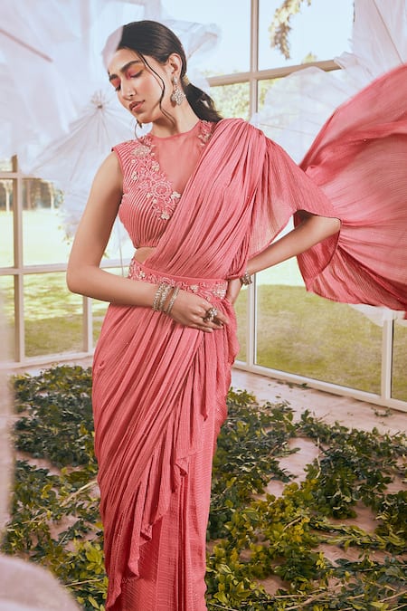 Rachit Khanna Red Net, Cotton Satin Lycra, Self Chiffon Pre-draped Ruffle Saree With Blouse Online at Aza Fashions Rachit Khanna_Red Net, Cotton Satin Lycra, Self Chiffon Pre-draped Ruffle Saree With Blouse _Online_at_Aza_Fashions