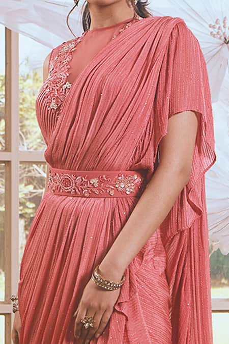 Buy Rachit Khanna Red Net, Cotton Satin Lycra, Self Chiffon Pre-draped Ruffle Saree With Blouse Online at Aza Fashions Buy_Rachit Khanna_Red Net, Cotton Satin Lycra, Self Chiffon Pre-draped Ruffle Saree With Blouse _Online_at_Aza_Fashions