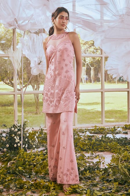 Shop Rachit Khanna Pink Glass Beads Round Embroidered Kurta And Flared Pant Set at Aza Fashions Shop_Rachit Khanna_Pink Glass Beads Round Embroidered Kurta And Flared Pant Set _at_Aza_Fashions