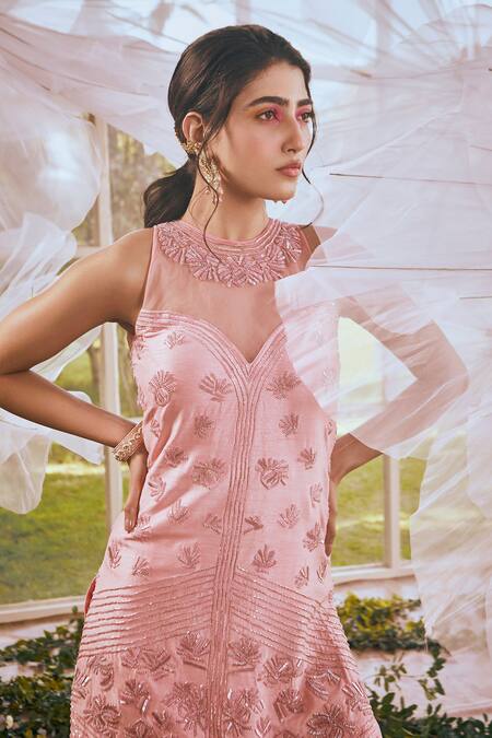 Rachit Khanna Pink Glass Beads Round Embroidered Kurta And Flared Pant Set Online at Aza Fashions Rachit Khanna_Pink Glass Beads Round Embroidered Kurta And Flared Pant Set _Online_at_Aza_Fashions