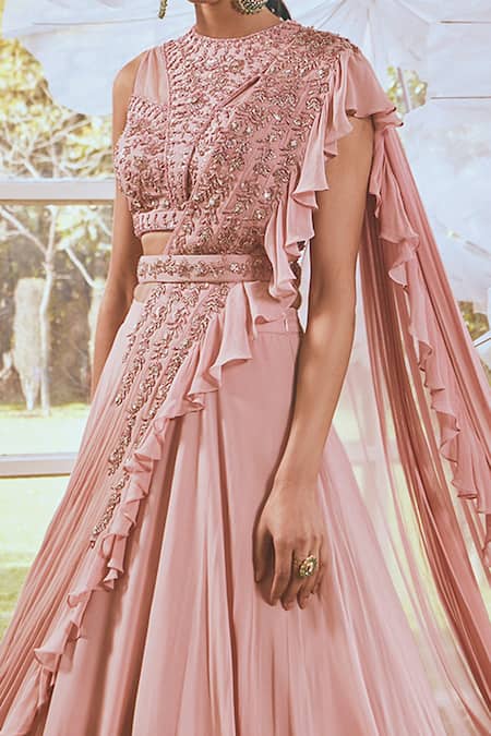 Shop Rachit Khanna Pink Net, Georgette, Cotton Satin Lycra Sequins And Ruffle Draped Lehenga Set at Aza Fashions Shop_Rachit Khanna_Pink Net, Georgette, Cotton Satin Lycra Sequins And Ruffle Draped Lehenga Set _at_Aza_Fashions
