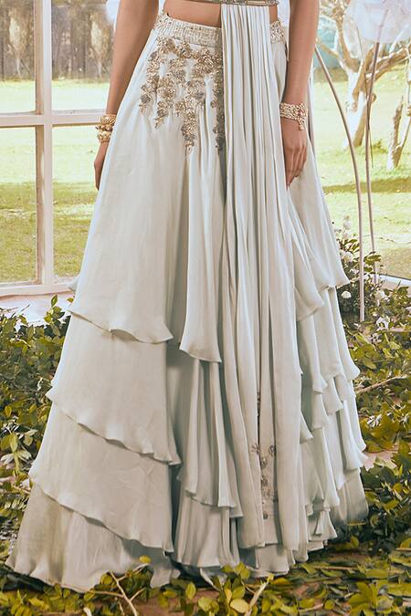 Rachit Khanna_Blue Net, Satin Georgette Blend Cutdana High Layered Lehenga With Draped Blouse_Online_at_Aza_Fashions