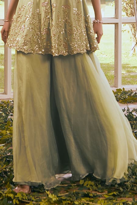 Buy_Rachit Khanna_Green Organza, Net, Semi Dupion Cutdana Band Embroidered Peplum And Sharara Set_Online_at_Aza_Fashions