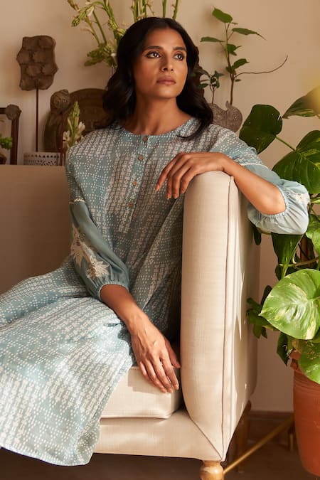 Rekha Agra Blue Handloom , Sequins Geometric Print Chanderi Kimono And Pant Set Online at Aza Fashions Rekha Agra_Blue Handloom , Sequins Geometric Print Chanderi Kimono And Pant Set _Online_at_Aza_Fashions