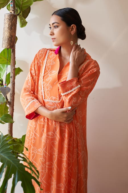 Rekha Agra Orange Cotton, Crepe Pearls Collared Lotus Print Asymmetric Kaftan With Pant Online at Aza Fashions Rekha Agra_Orange Cotton, Crepe Pearls Collared Lotus Print Asymmetric Kaftan With Pant _Online_at_Aza_Fashions
