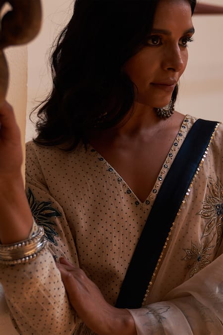 Rekha Agra Beige Handloom Cotton, Organza Sequins, Printed Chanderi Anarkali Palazzo Set Online at Aza Fashions Rekha Agra_Beige Handloom Cotton, Organza Sequins, Printed Chanderi Anarkali Palazzo Set _Online_at_Aza_Fashions