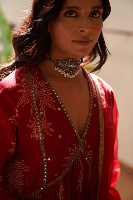 Rekha Agra Red Chanderi Embroidery, Gota Patti V-neck Printed Anarkali Flared Pant Set Online at Aza Fashions Rekha Agra_Red Chanderi Embroidery, Gota Patti V-neck Printed Anarkali Flared Pant Set _Online_at_Aza_Fashions