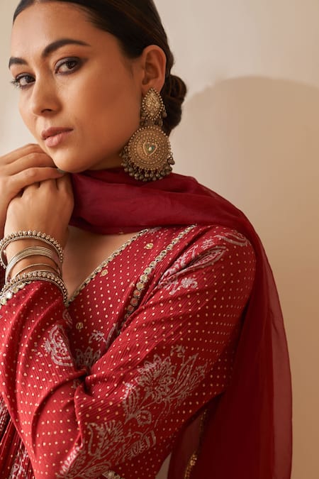 Buy_Rekha Agra_Red Crepe, Organza Embroidery, Zari, Gota Patti Printed Anarkali Gharara Set _Online_at_Aza_Fashions