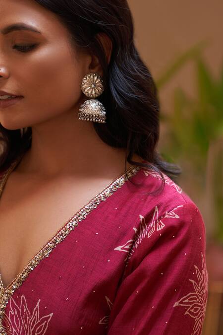 Buy Rekha Agra Red Chanderi Cut Work, Sequins, Embroidery Floral Print Anarkali Pant Set Online at Aza Fashions Buy_Rekha Agra_Red Chanderi Cut Work, Sequins, Embroidery Floral Print Anarkali Pant Set _Online_at_Aza_Fashions