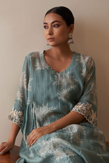 Buy Rekha Agra Blue Handloom , Embroidery V-neck Chanderi A-line Kurta And Pant Set Online at Aza Fashions Buy_Rekha Agra_Blue Handloom , Embroidery V-neck Chanderi A-line Kurta And Pant Set _Online_at_Aza_Fashions