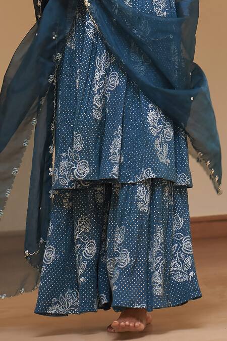 Rekha Agra_Blue Cotton, Silk, Crepe, Organza Printed Pleated Anarkali Gharara Set _Online_at_Aza_Fashions