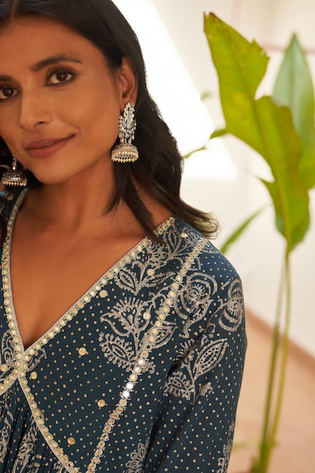 Buy_Rekha Agra_Blue Cotton, Silk, Crepe, Organza Printed Pleated Anarkali Gharara Set _Online_at_Aza_Fashions