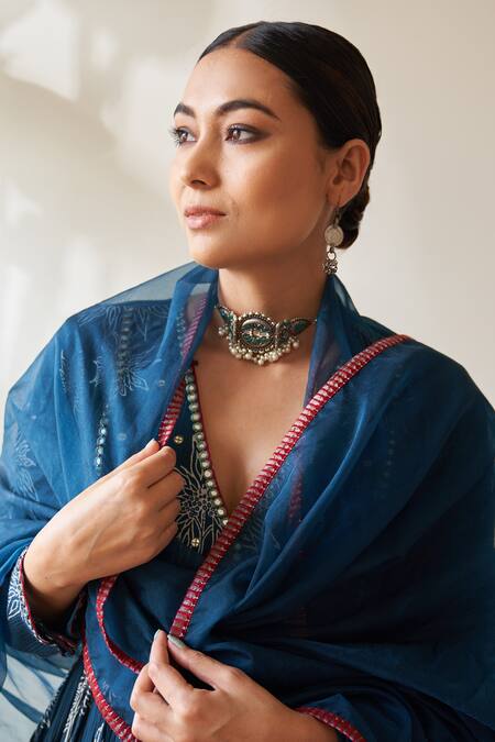 Rekha Agra Blue Crepe, Cotton, Silk, Organza Embroidery, Floral Print Anarkali Gharara Set Online at Aza Fashions Rekha Agra_Blue Crepe, Cotton, Silk, Organza Embroidery, Floral Print Anarkali Gharara Set _Online_at_Aza_Fashions