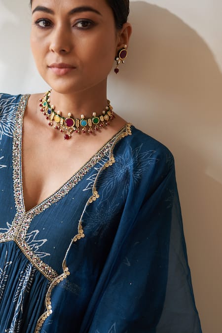 Rekha Agra_Blue Chanderi Cut Work, Sequins, Metallic Floral Print Pleated Anarkali Set _Online_at_Aza_Fashions