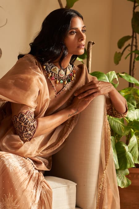 Rekha Agra Brown Chanderi Mirrors, Embroidery V-neck Floral Bloom Print Kurta And Gharara Set Online at Aza Fashions Rekha Agra_Brown Chanderi Mirrors, Embroidery V-neck Floral Bloom Print Kurta And Gharara Set _Online_at_Aza_Fashions