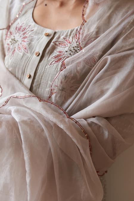 Rekha Agra Grey Handloom Cotton, Organza Sequins, Embroidery Round Neck Floral Kurta Set Online at Aza Fashions Rekha Agra_Grey Handloom Cotton, Organza Sequins, Embroidery Round Neck Floral Kurta Set _Online_at_Aza_Fashions