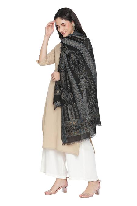 Shingora_Black Wool Lurex Jacquard Stole _Online_at_Aza_Fashions