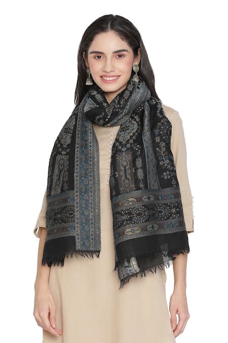 Buy_Shingora_Black Wool Lurex Jacquard Stole _Online_at_Aza_Fashions