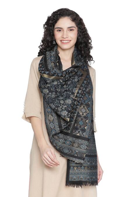 Buy_Shingora_Black Wool Lurex Jacquard Stole _Online_at_Aza_Fashions