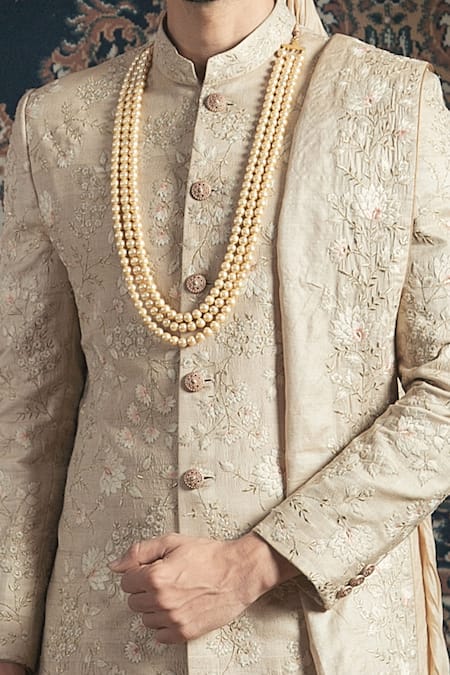 Buy_Rachit Khanna_Gold Tussar Embroidered Sherwani Set _Online_at_Aza_Fashions
