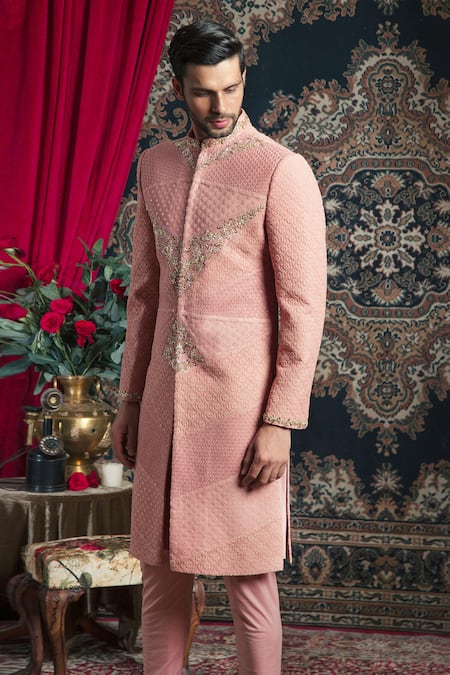 Shop Rachit Khanna Pink Lucknowi Embroidered Sherwani Set at Aza Fashions Shop_Rachit Khanna_Pink Lucknowi Embroidered Sherwani Set _at_Aza_Fashions