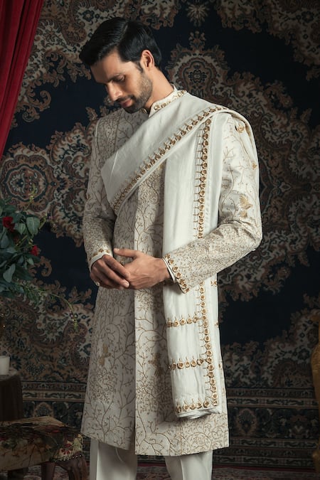 Shop Rachit Khanna White Raw , Cotton Embroidered Sherwani Set at Aza Fashions Shop_Rachit Khanna_White Raw , Cotton Embroidered Sherwani Set _at_Aza_Fashions